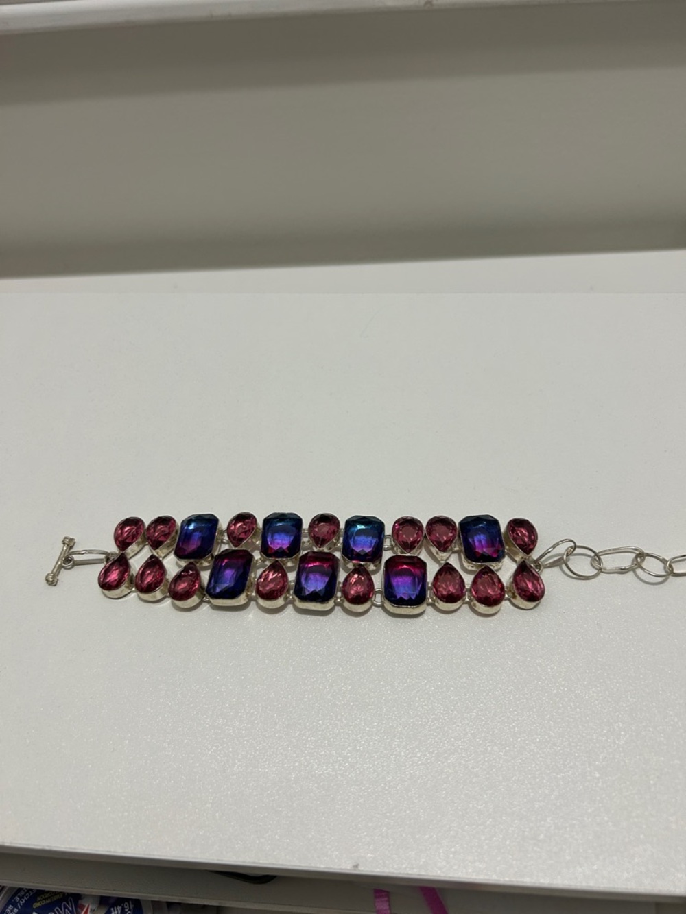 Bi-Colour Tourmaline and Kunzite Purple-Pink Gemstone Bracelet. 925 Sterling